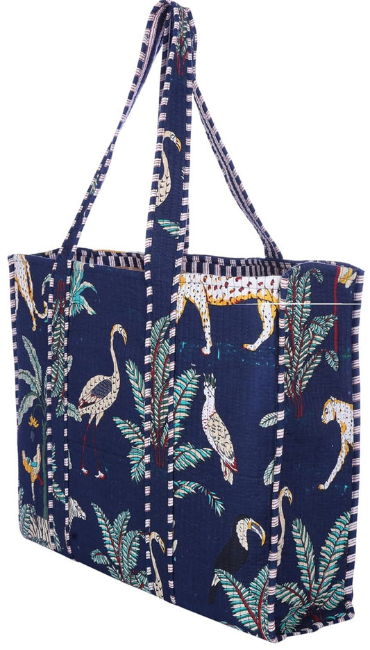 Handblock Cotton Quilted Totes-Navy