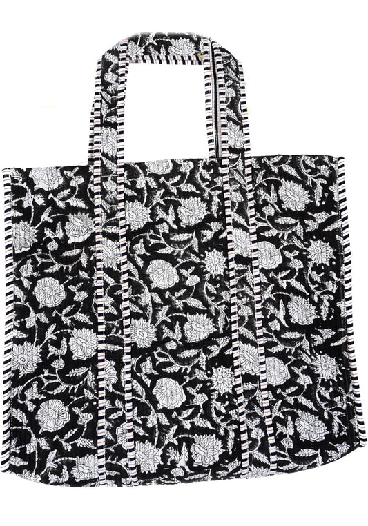 Handblock Cotton Quilted Totes-Black
